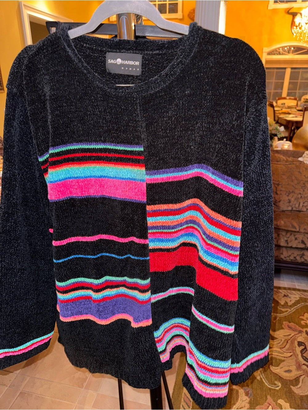Sag Harbor Black Chenille Sweater with Bright Multicolor Stripes